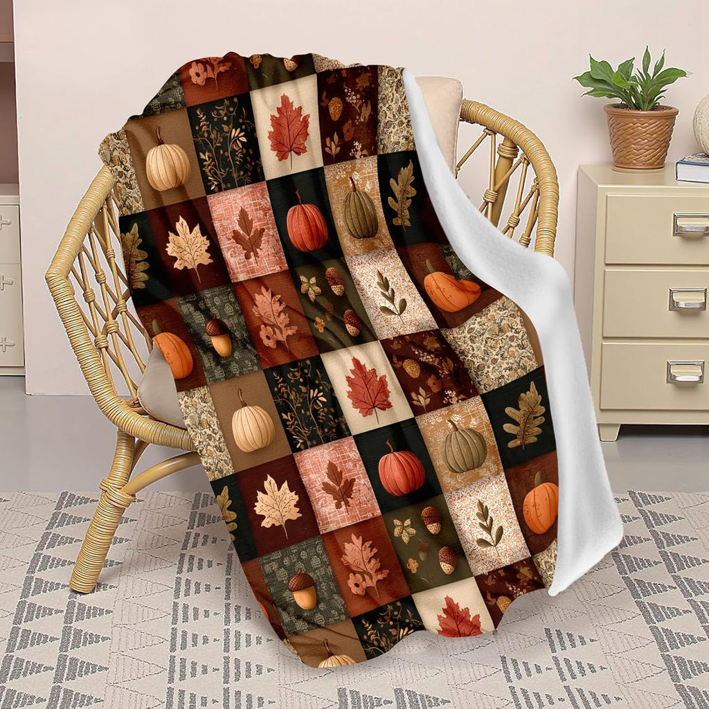 Fall Blanket 60"x80" Autumn Plaid Pumpkin Maple Leaves Acorns Throw Blankets Seasons Soft Warm Cozy Lightweight