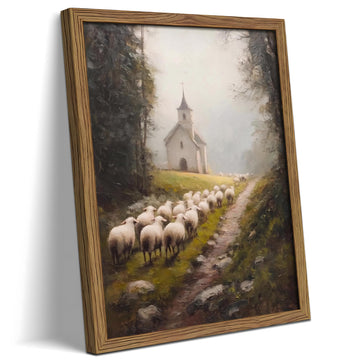 Framed Christian Sheep Wall Art, Vintage Country Church Landscape Wall Decor Painting Picture, Rustic Pastoral Lamb