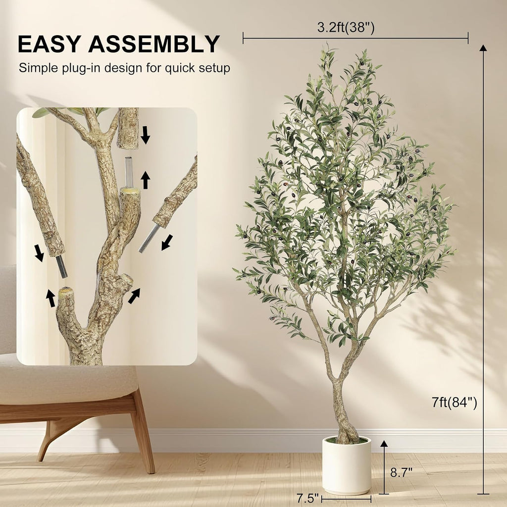Faux Olive Tree 7ft with Sturdy White Planter, Artificial Olive Tree