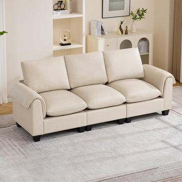 96" Faux Leather Modular Sectional Upholstered Sofa, Oversized 3 Seater Couch with Curved Armrests, Cloud Modern