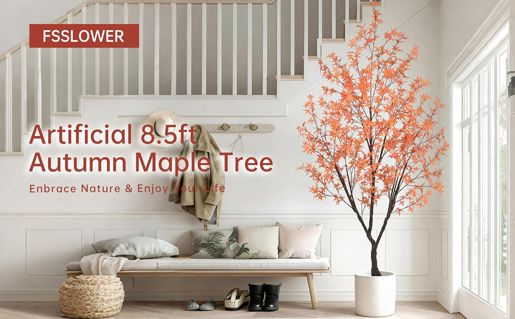 Autumn Maple Tree 8.5FT with 900 Red & Orange Leaves Fall Décor Tall Large Faux 102 Inch Plant Black Pot for Indoor