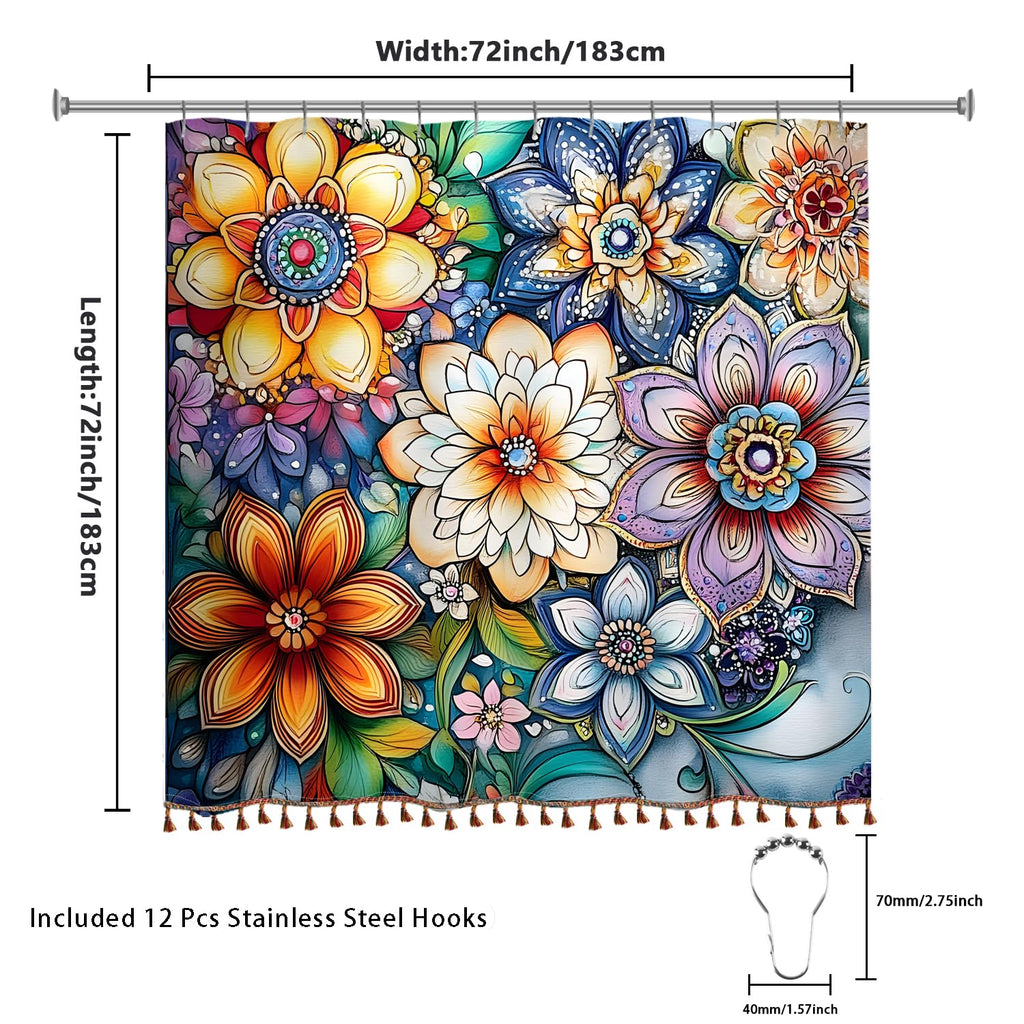 Boho Floral Shower Curtain with Tassels 72X72 Inch Mandala