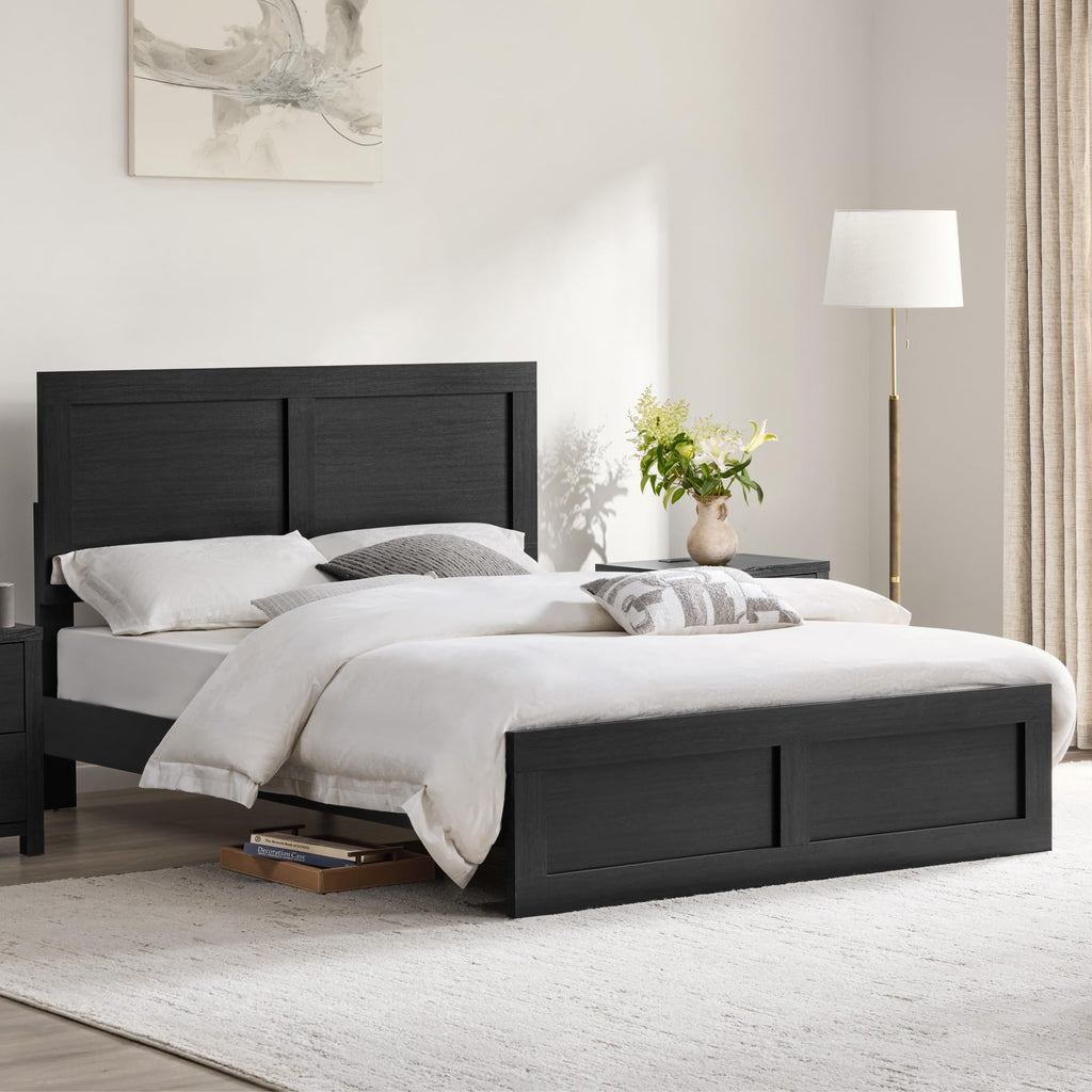 Wood Bed Frame with Headboard and Footboard, Black, King