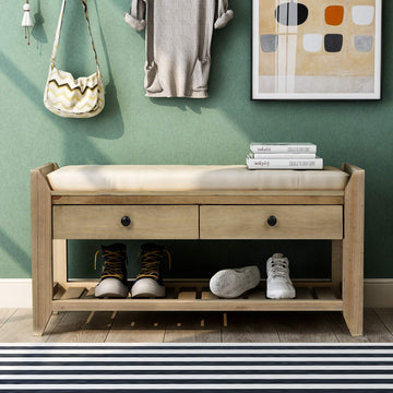 Storage Bench, Shoe Rack with Upholstered Seat and 2 Drawers, Solid Wood Entryway Storage Bench with Shoe Rack