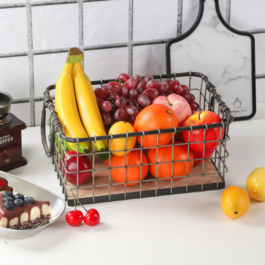 13.8" Wide Rectangular Sturdy Hand Welded Farmhouse Metal Wire Basket with Rustic Wooden Bottom For Shelves, Closet