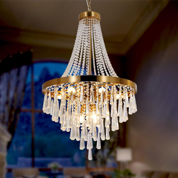 Gold Crystal Chandelier Light, 9-Lights French Empire Chandeliers Lighting for High Ceiling Hanging Pendant for Dining Living Room Foyer Kitchen Bedroom Entryway, Brushed Brass, Golden