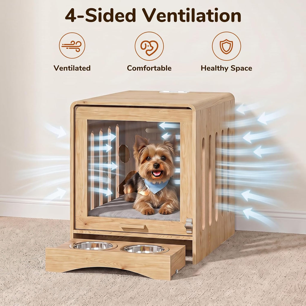 Modern Dog Crate Furniture, Wood Side Table for Small Dogs, Power Outlet