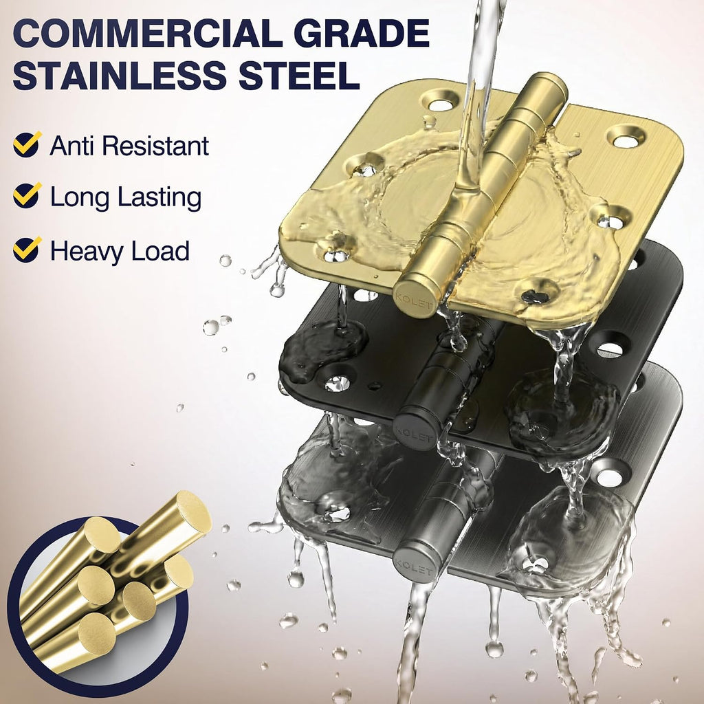 Ball Bearing Gold Door Hinges, 3.5 Inches Heavy Duty Stainless Steel Door Hinges, 5/8'' Radius Corner Hinges