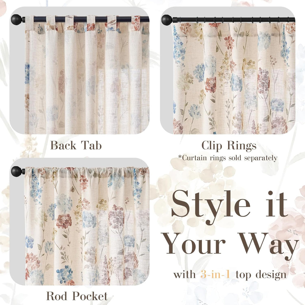 Vanya Floral Linen Blend Curtains 84 Inches Long for Living Room Bedroom, Light Filtering Semi Sheer Drapes, Vintage