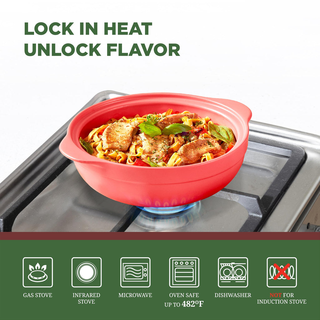 3-Qt Porcelain Dutch Oven with Lid - Lead & Cadmium Free, Oven Safe to 482°F, Heat Retention, Clay Pot for Cooking on