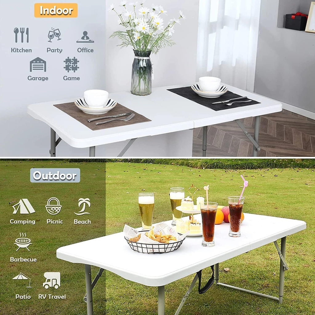 4FT Folding Table, 18% Thicker HDPE Top, Adjustable Height, White