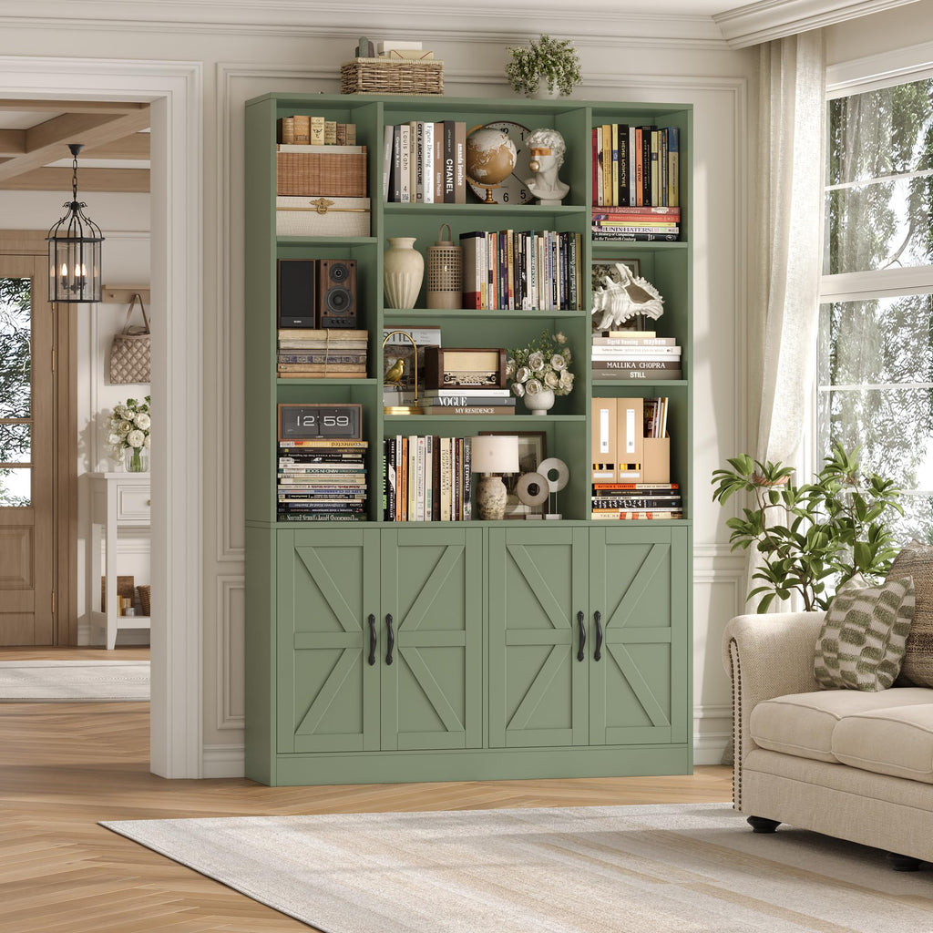 72" Tall Bookshelf, Large Farmhouse Bookcase with Storage, Green