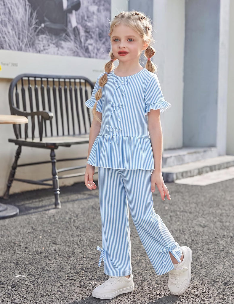 Girls Clothes 2 Piece Outfits Butterfly Knot Top and Wide Leg Pant
