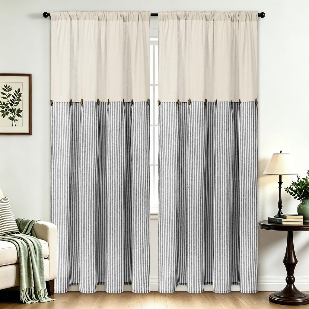 Farmhouse Curtains, Boho Rustic Bedroom Curtains with Buttons, Cotton Linen Grey Stripe Country Window Curtain
