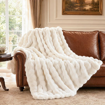 Bubble Faux Fur Twin Blanket for Couch, 60x80 Cream | Luxury Plush Fluffy Thick Blanket, Warm Soft Fuzzy Throw for
