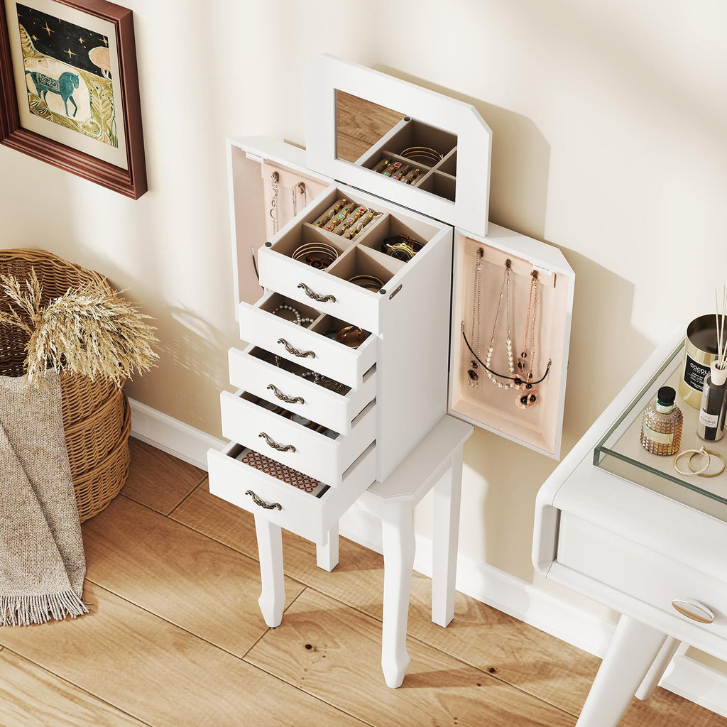 Standing Jewelry Armoire, Space-Saving Jewelry Organizer Chest (White)