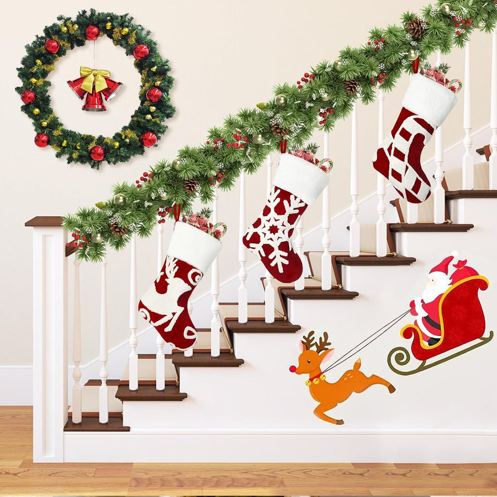 Christmas Stocking Set of 3, 18 Inch Red Christmas Stockings Embroidered Elk Snowflakes Sleigh White Plush Faux Fur