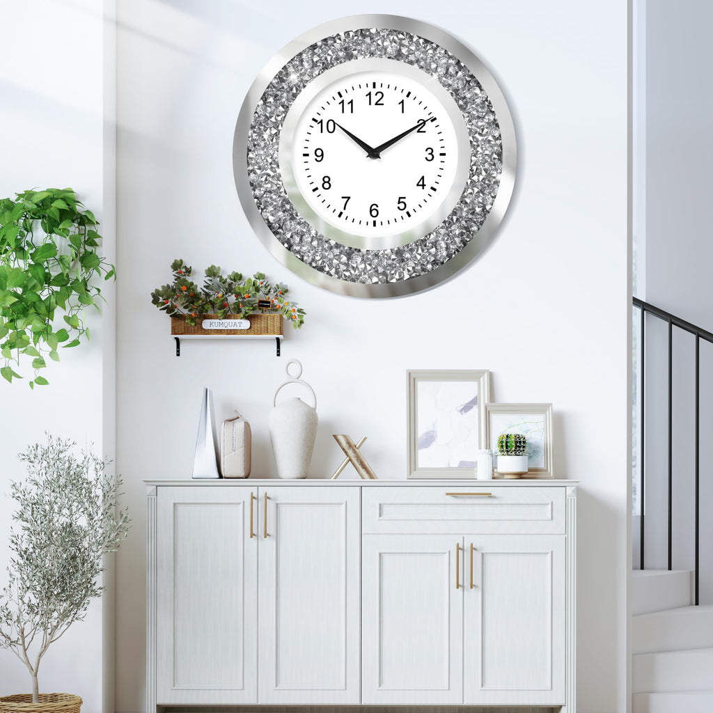 Crystal Crushed Diamond Mirrored Wall Clock Silent Clock for Wall Décor