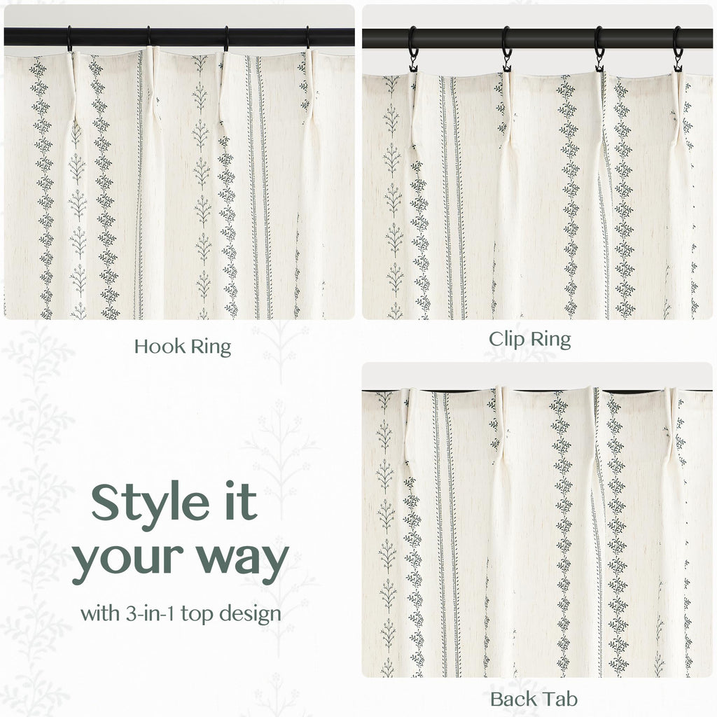 Sage Green Floral Pinch Pleated Curtains 108 Inches Long, Block Print Vintage Farmhouse Linen Blend Light Filtering