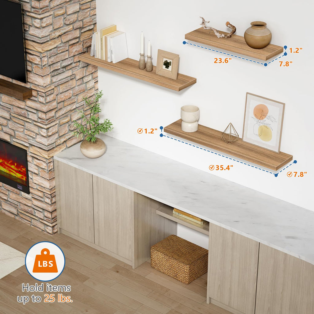 Elm Floating Shelves for Wall 36 Inch x 8 Deep, Long Wall Shelf