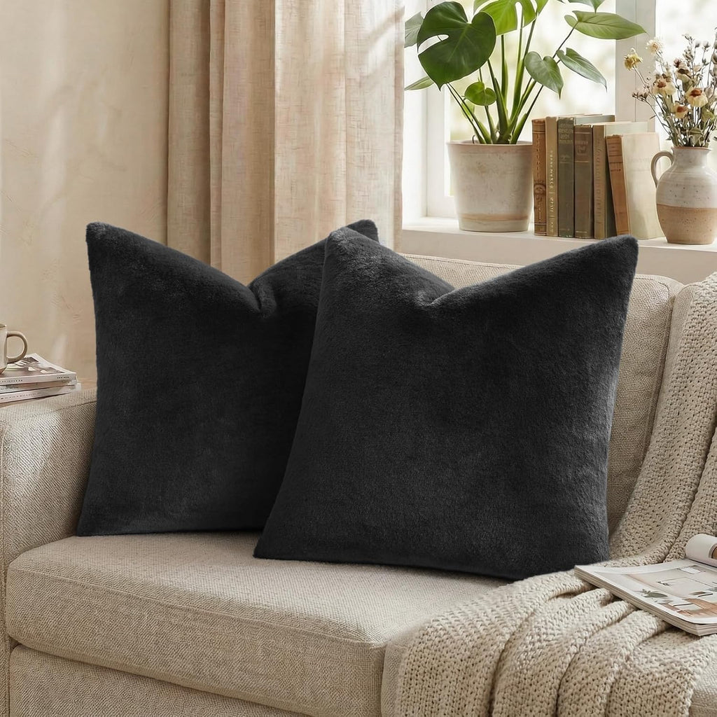 Faux Fur Plush Throw Pillow Covers 18x18 Set of 2, Luxury Soft Fluffy Cozy Decorative Pillow Covers, Black
