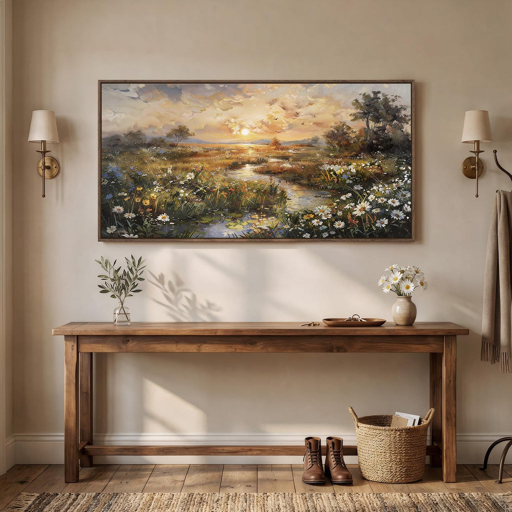 Large Framed Vintage Sunset Landscape Wall Art, 60x30 Inch