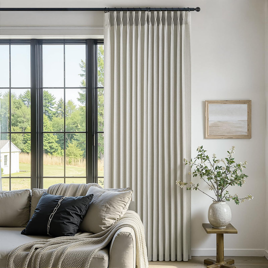 Grey Beige Pinch Pleated Linen Curtains 102 Inches Long 2 Panels