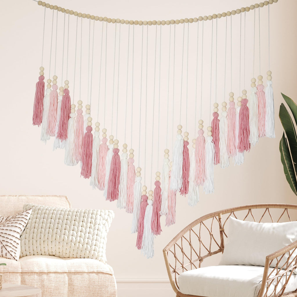 Pink&White Large Macrame Wall Haning Boho Decor, Blush Pink Tassel Wall Decor Bohemian, Pink Bedroom Living Room Girls