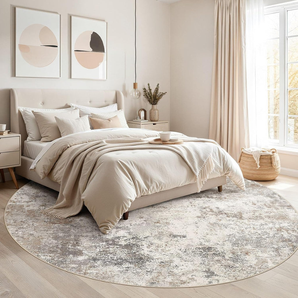8ft Round Area Rug Living Room Rugs - 8x8 Washable Neutral Modern Abstract Soft Thin Rug Indoor Floo