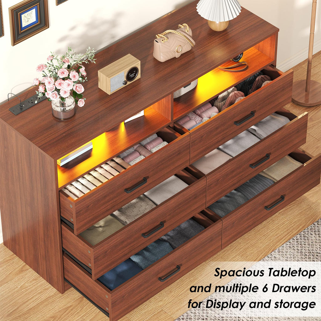 Dresser, 6 Drawer Dresser with Charging Station and Led Light, Modern Chest of Drawers (Walnut Brown)