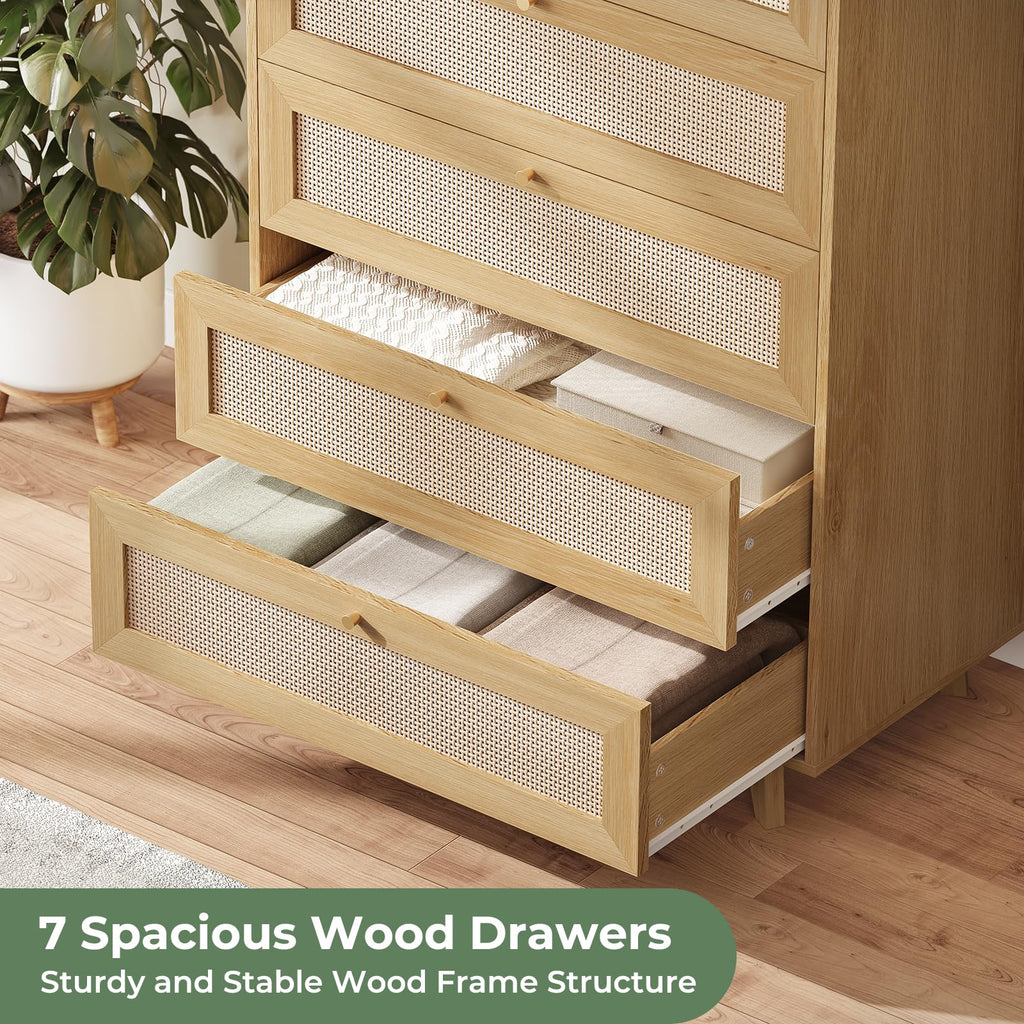 Rattan Dresser with 7 Drawer, Modern Double Wooden Tall Bedroom Dresser, Chest of Drawers with Metal Handle & Solid