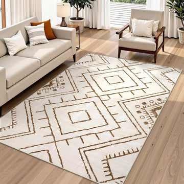 Western 5x7 Area Rug, Beige Washable Rugs Bedroom, Non Slip Moroccan Tribal Rug Low Pile Geometric Soft Boho Area