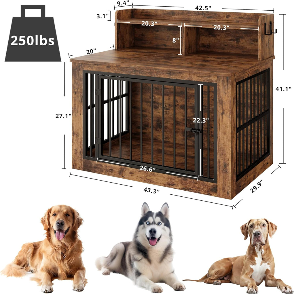 Extra Large Dog Crate Furniture, 43.3 inches Wooden Dog Crate with Storage and 4 Hooks