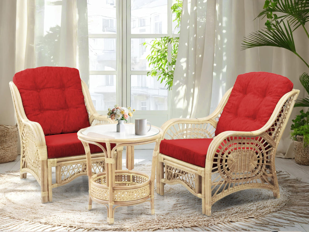 Malibu Lounge Living Accent Armchair Natural Rattan Wicker Handmade Design, Natural Color with Red Cushion