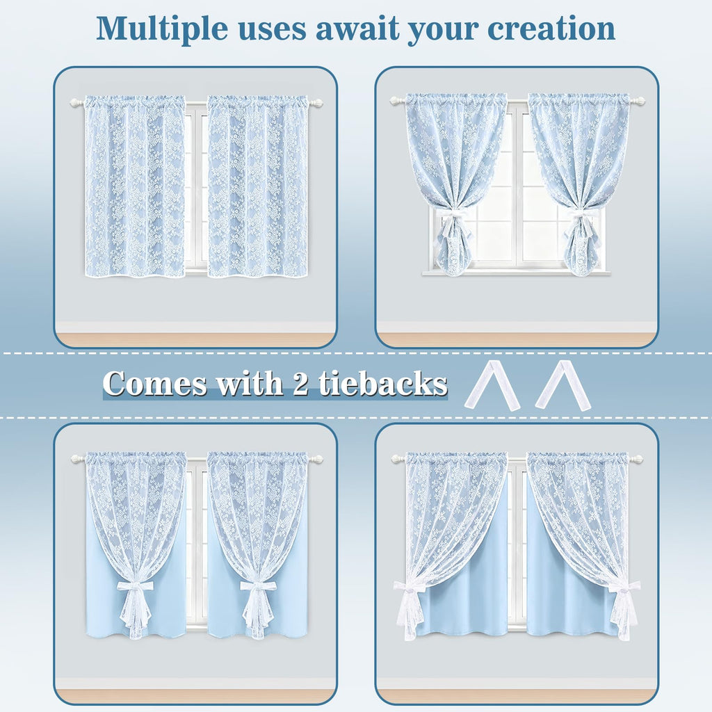Blue Kitchen Curtains 36 Inch Length Double Layer Blackout Cafe Curtains with Floral Sheer Overlay Rod Pocket Short