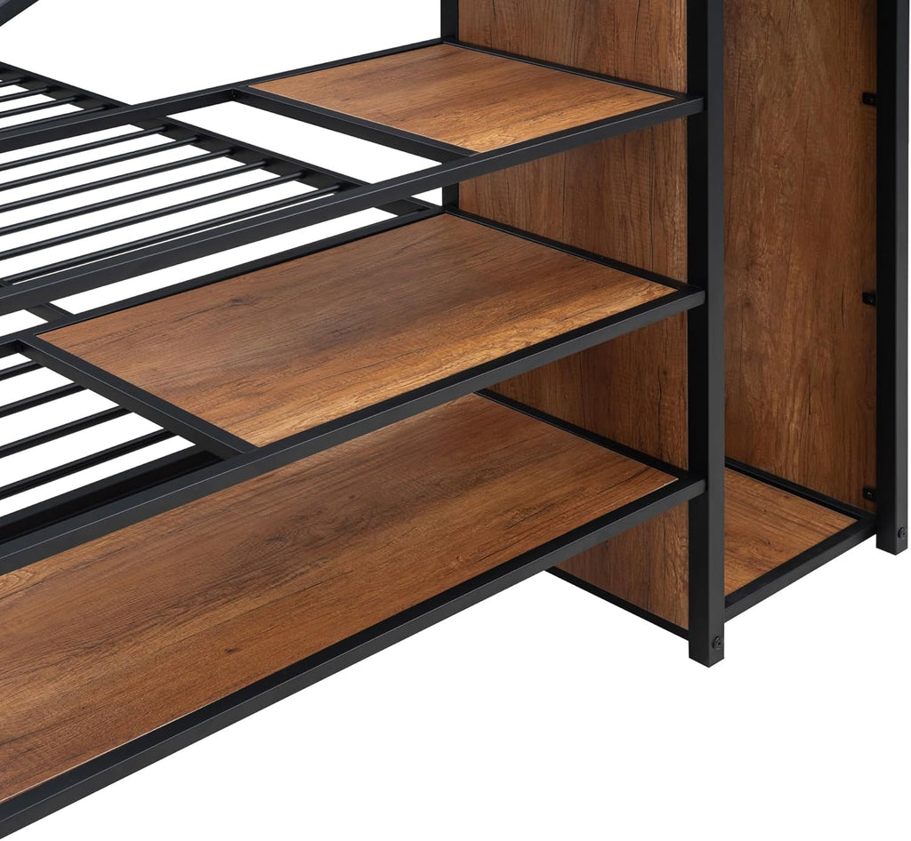 Full Over Full Metal Bunk Bed with Storage Stairs and Wardrobe, Bunk Bed for Adults/Kids/Teens, Black