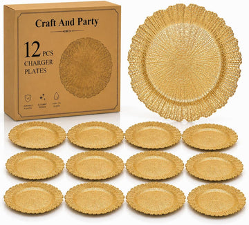 Gold Charger Plates, 13" Round Reef Design, Decorative Plastic Charger Plates for Wedding, Party & Table - Set of 12