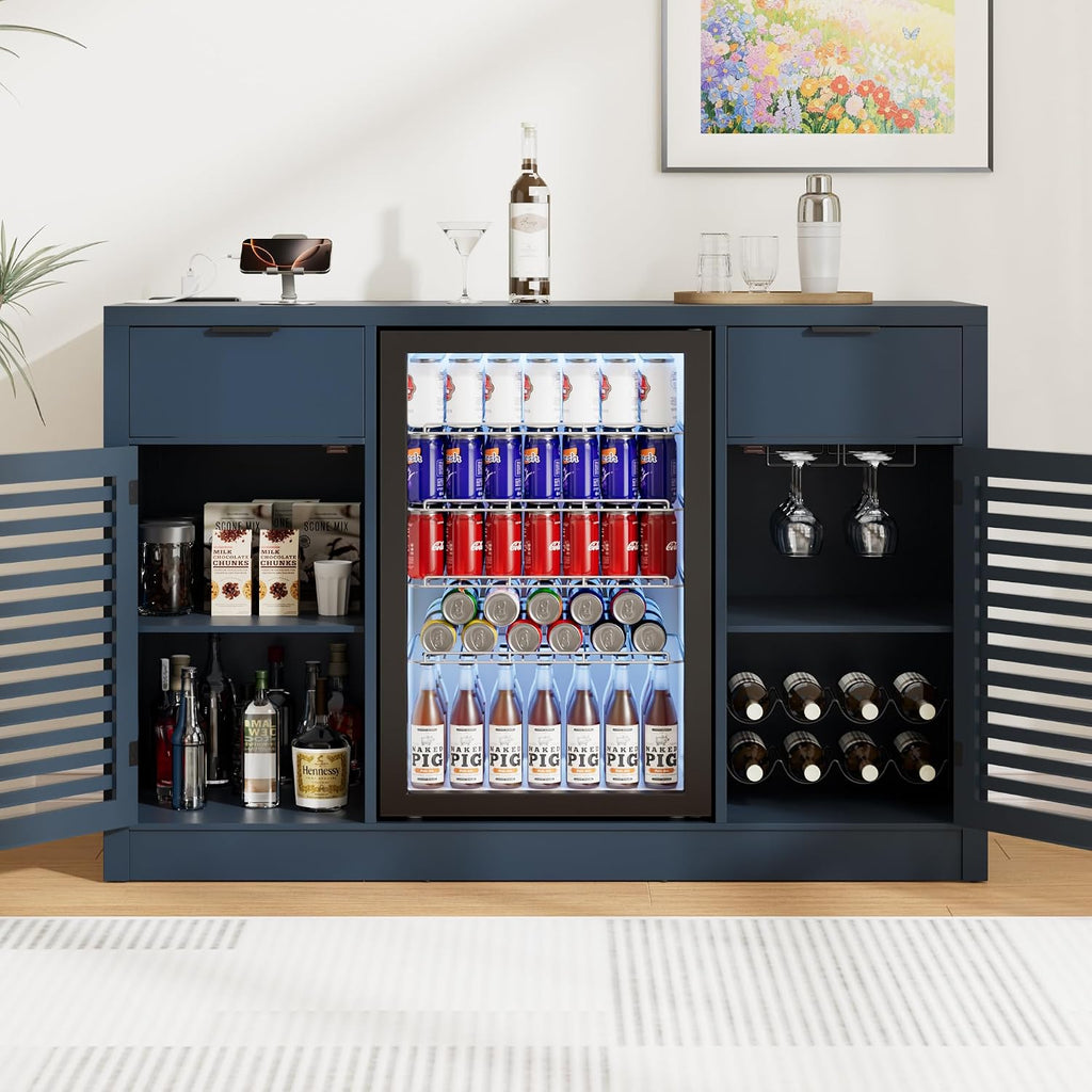 53.1" Coffee Bar Cabinet with Fridge Space and Power Outlets (Blue) | Mini Fridge Bar Cabinet, Wine Bar Cabinet with