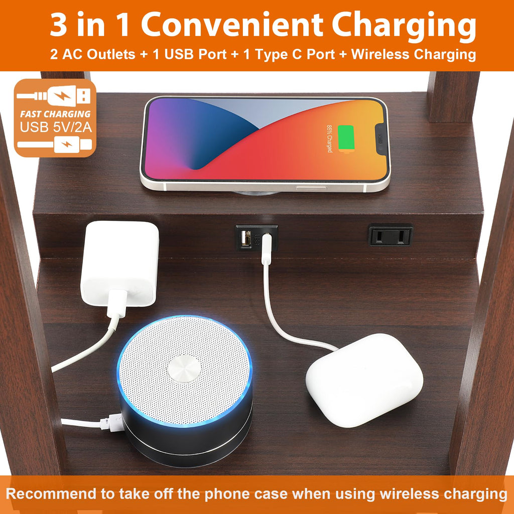 Shelf Floor Lamp with Wireless Charger, USB, Type C, AC Port,Brown