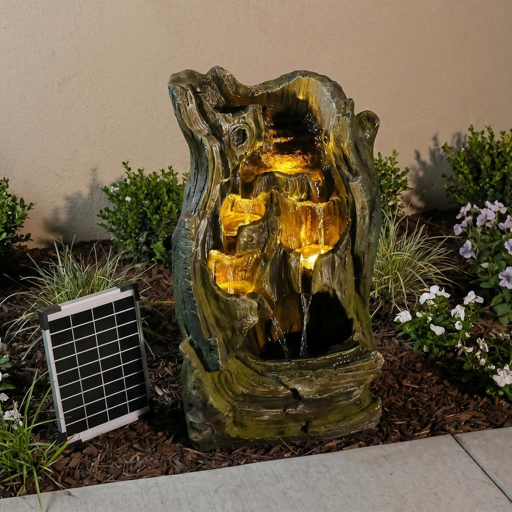 Solar Outdoor Water Fountain, 24.4" Tall Tree Stump Cascading Fountain with Solar Powered Pump