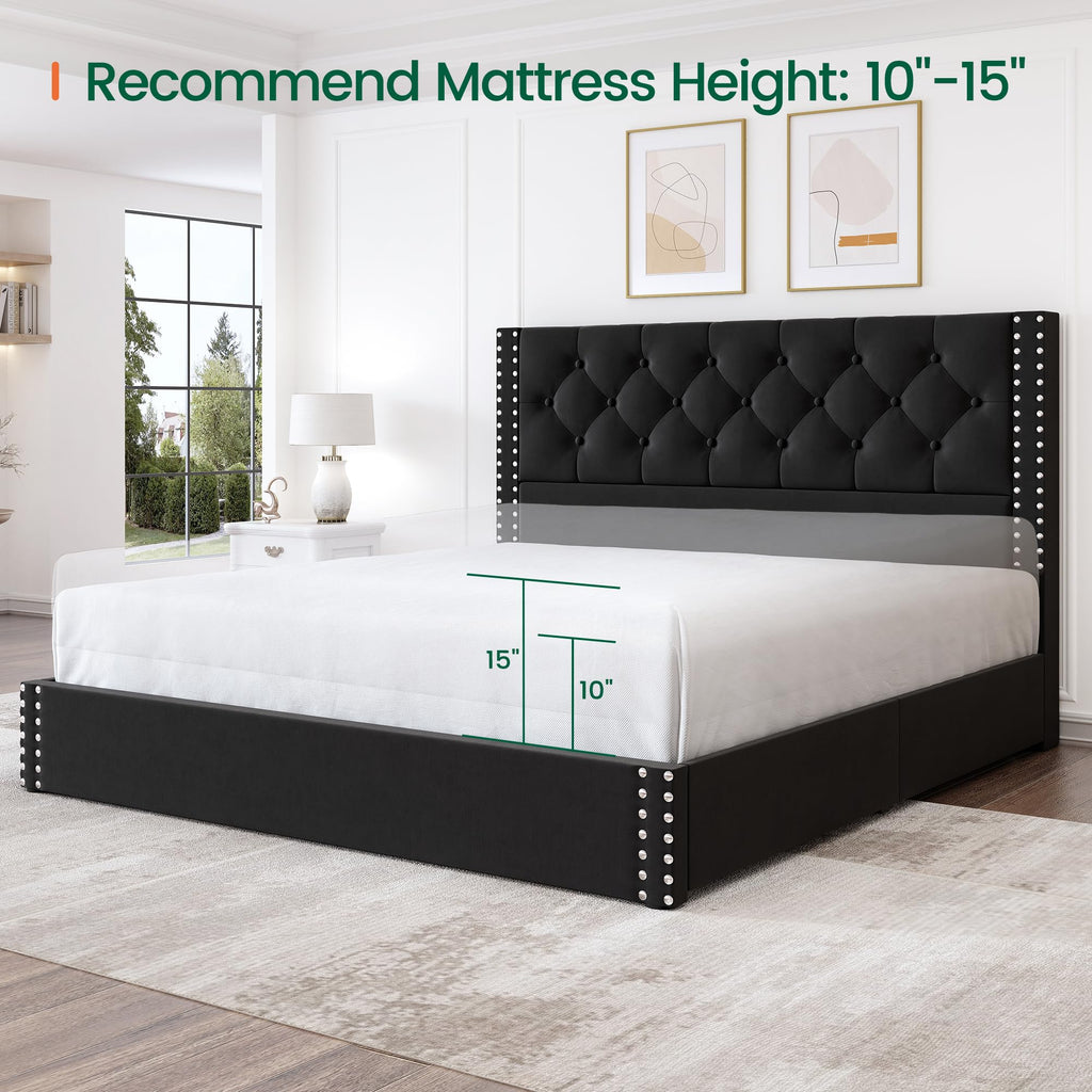 Queen Size Platform Bed Frame with 4 Storage Drawers and Tufted Headboard Upholstered Bed Frame with Heavy Duty Wood
