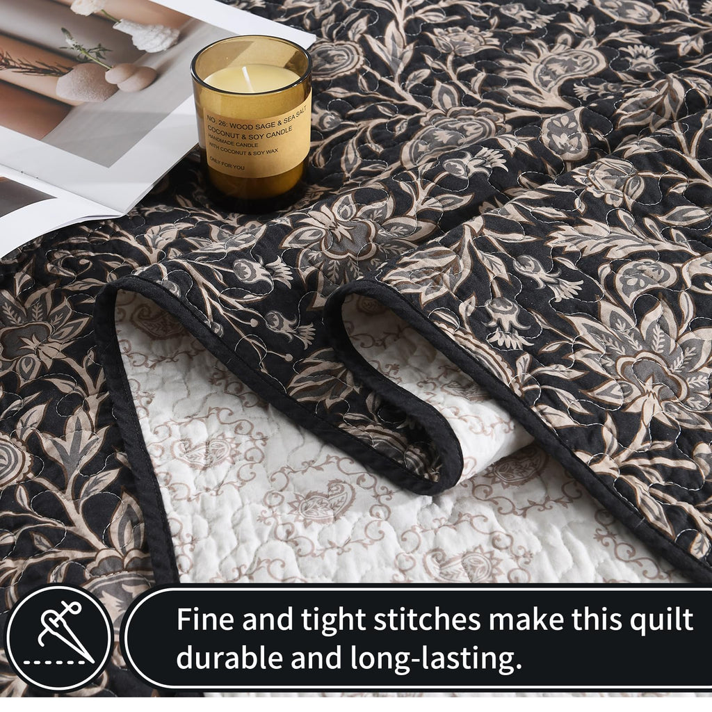 100% Cotton Quilt Set, Traditional Vintage Floral, Black/Cream