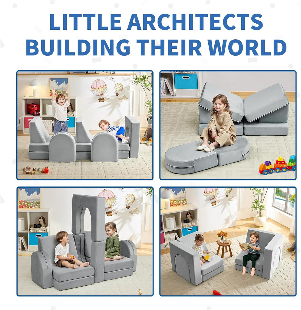 Kids Couch 10PCS, Modular Kids Play Couch for Playroom Bedroom, 10 in 1 Multifunctional Kid Sofa for Playing