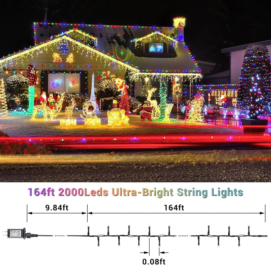164ft 2000 LED Cluster Christmas Lights - Dark Green Wire Christmastree Lights - Multicolor 8 Modes Outdoor