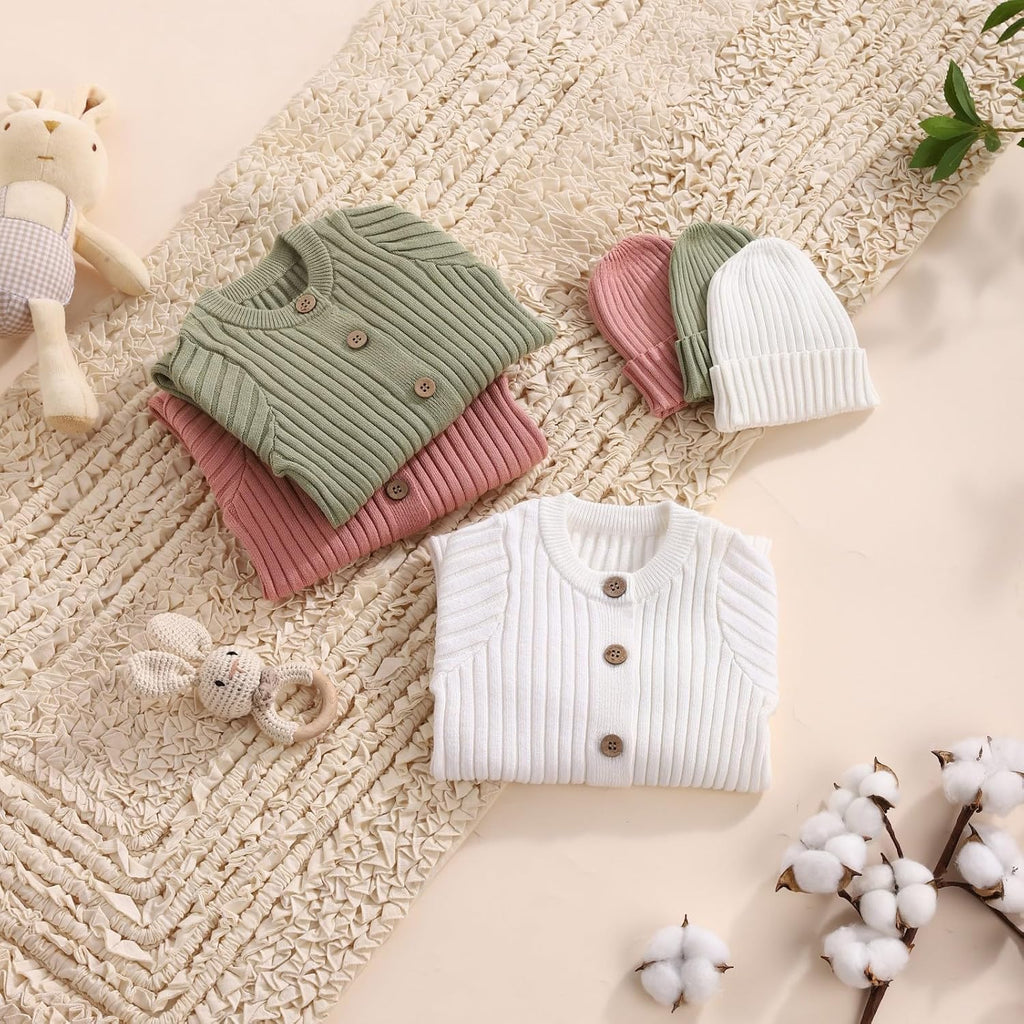 Knit Baby Romper Set Ribbed Newborn Outfit Clothes With Hat