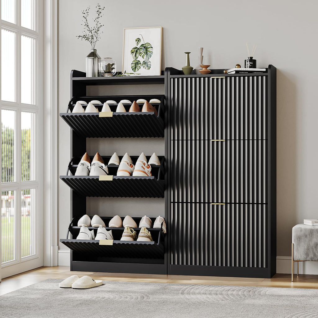 Black Fluted Shoe Cabinet, Narrow Entryway Storage Rack Organizer