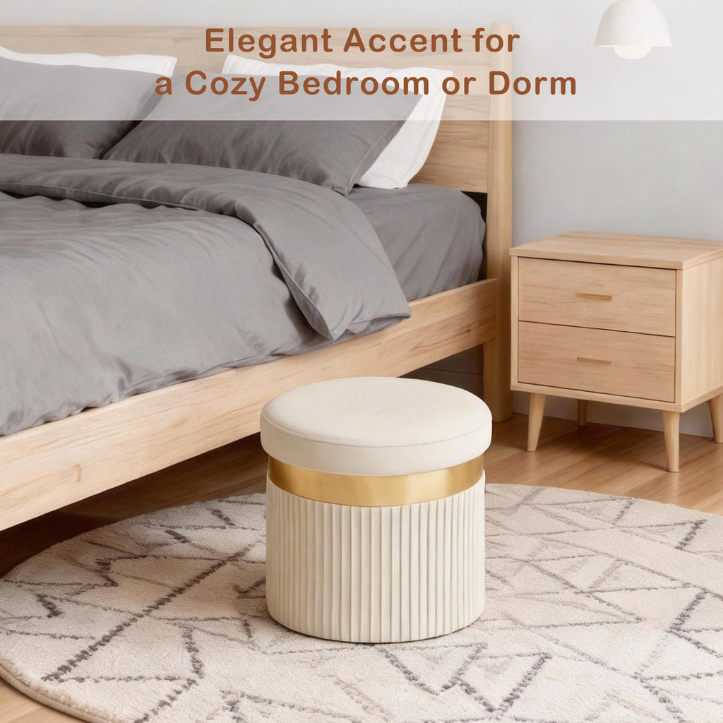 Small Ottoman with Storage, Folding Round Ottoman with Gold Trim, Velvet Storage Stool, Foot Stool with Soft Padded, Foot