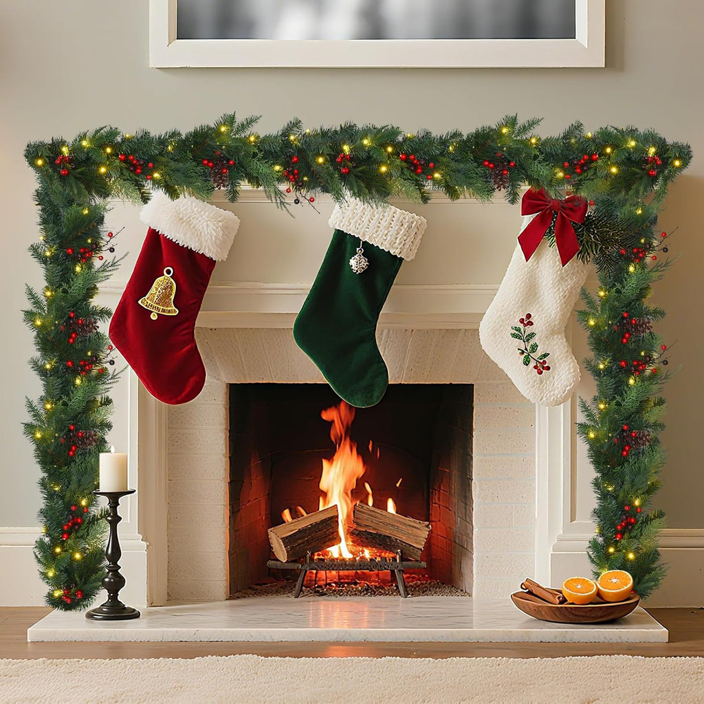 Prelit Christmas Garland with Lights 9FT 80LED Christmas Wreath Lights with Timer by Battery Operated Artificial