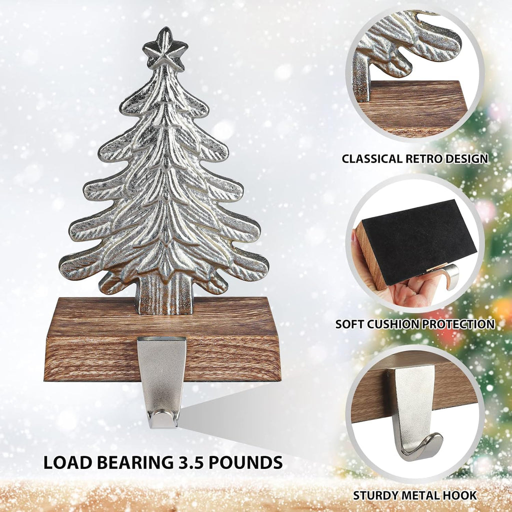 Christmas Stocking Holders for Mantle Set of 3 Tree and Snowflakes and Deer with Non-Skid Silver Stockings Holders