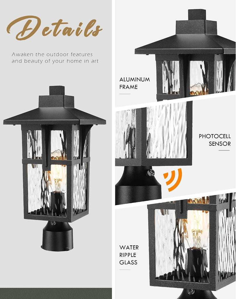 Dusk to Dawn Post Lamp, HWH Exterior Pillar Post Light for Yard Garden, Pole Light Fixture with Water Ripple Glass